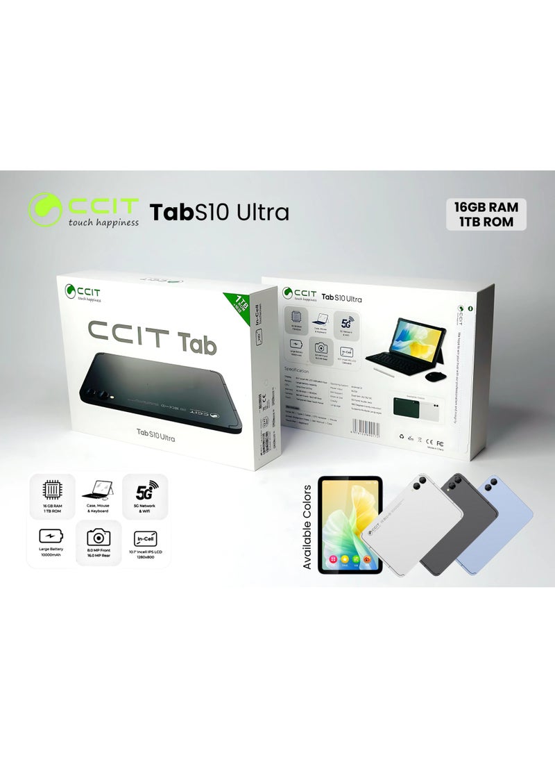 CCIT TabS 10 Ultra Tablet 10.1-inch Display 16GB RAM 1TB ROM Android 13 10000mAh Battery Black/Silver